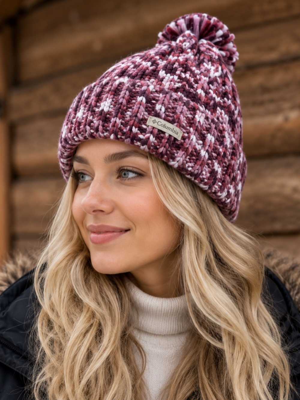 Columbia Bundle Up beanie in a multi-colored knit with a pom pom